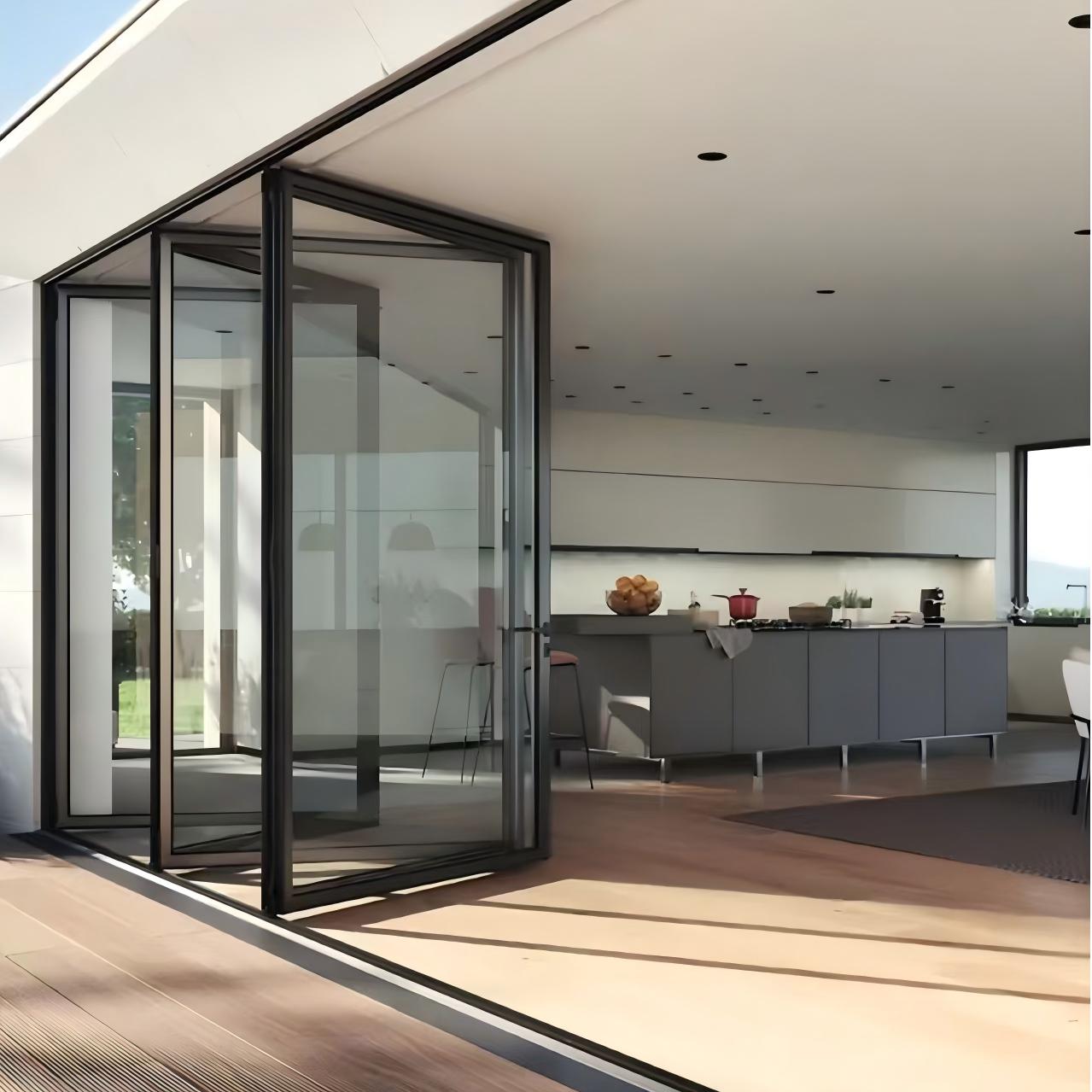 Black Frame Aluminum Folding Glass Door Slim Design for Terrace