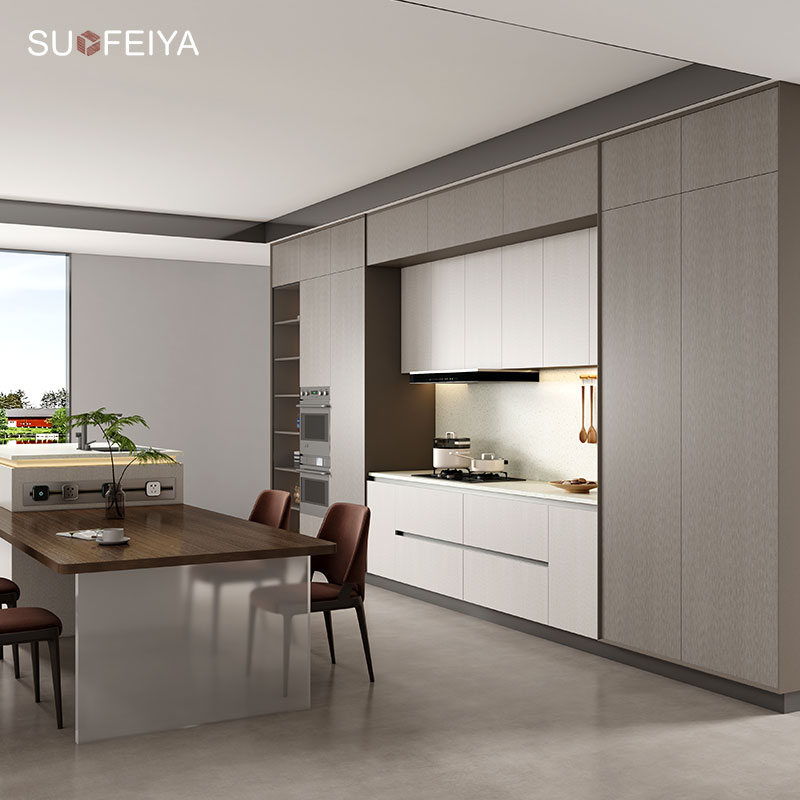 SOFEYIA Custom Modern 3D Aluminium Frame Glass Melamine Finish Kitchen Cupboards Lacquer MDF Cabinet Designs for Villas Hinge