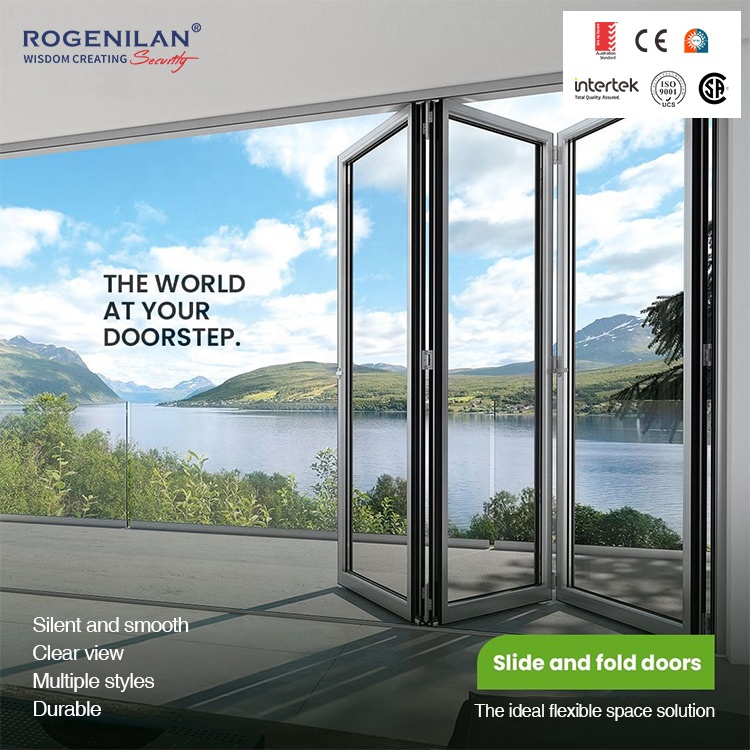 Rogenilan AS2047 CE Exterior Double Lowe Glass Aluminum Bi Folding Foldable Door Balcony Patio Bifold Accordion Doors