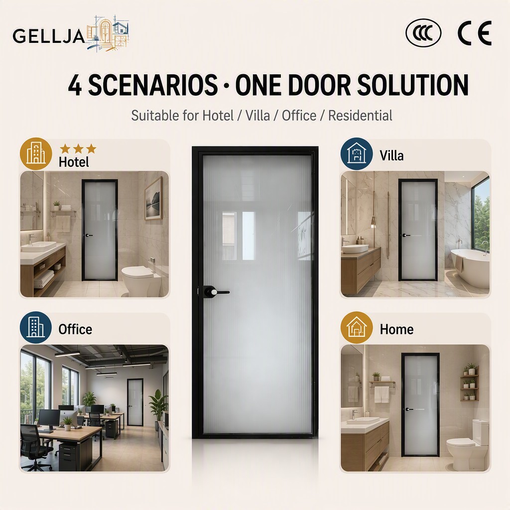GELLJA New Type of Aluminum-framed Frosted Glass Interior Finished Bathroom Doors for Hotels Villas Offices and Households