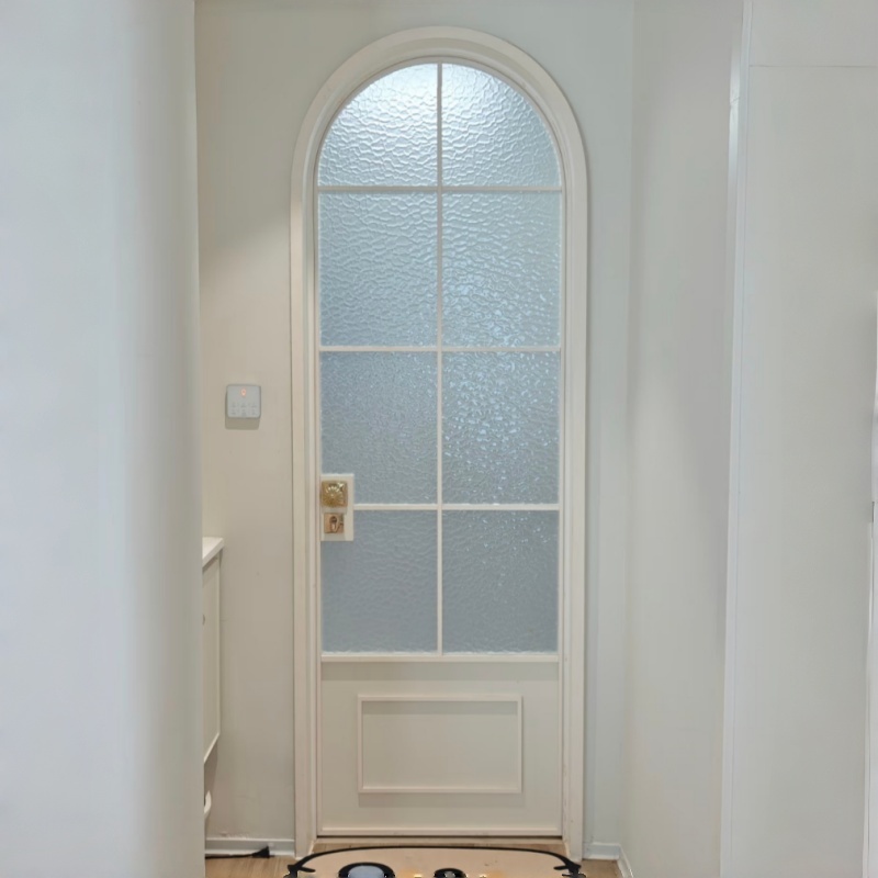 Custom Modern Black Arched Frame Corrugated Frosted Glass Door Fiberglass Waterproof White Aluminum Frame for Bathroom Bedroom