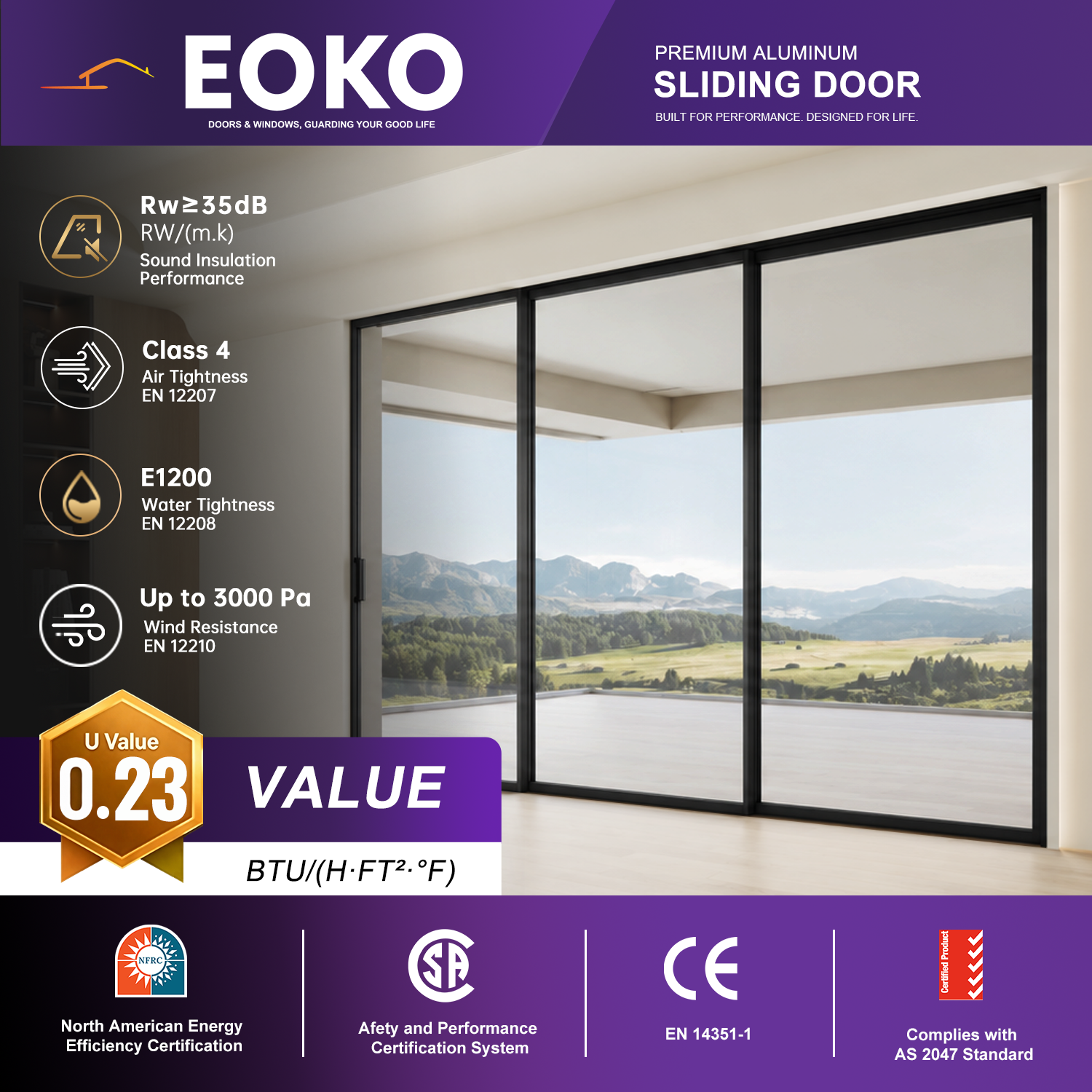 EOKO NFRC Aluminum Sliding Door Triple Glazed Low-E Thermal Break Lift-and-slide Aluminum Sliding Glass Doors for Luxury Villa