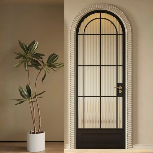 Custom Modern Black Arched Frame Corrugated Frosted Glass Door Fiberglass Waterproof White Aluminum Frame for Bathroom Bedroom