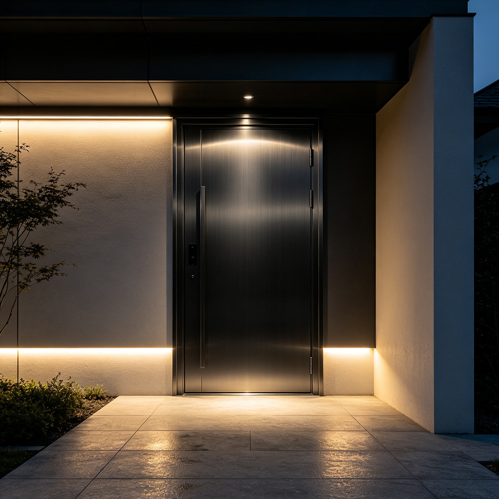 Custom stainless steel entry door providing fortress-grade security