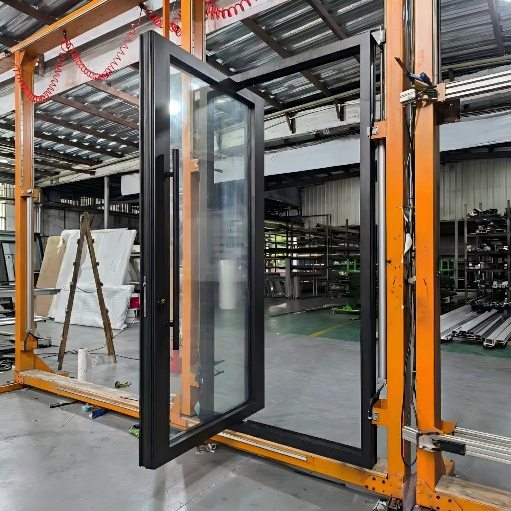 Modern Black Aluminum Pivot Door With Sidelights and Grids Design Large Glass Villa Main Entrance Exterior Front Entry System