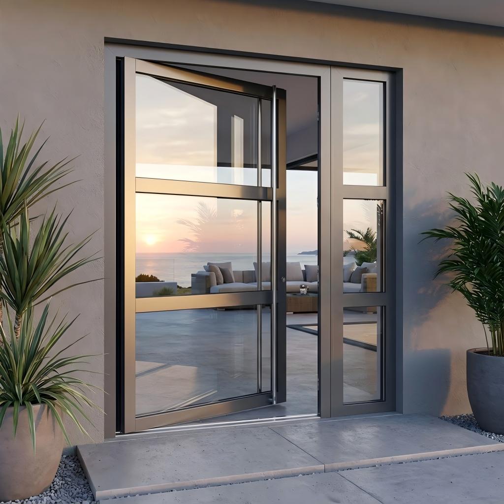 Modern Black Aluminum Pivot Door With Sidelights and Grids Design Large Glass Villa Main Entrance Exterior Front Entry System