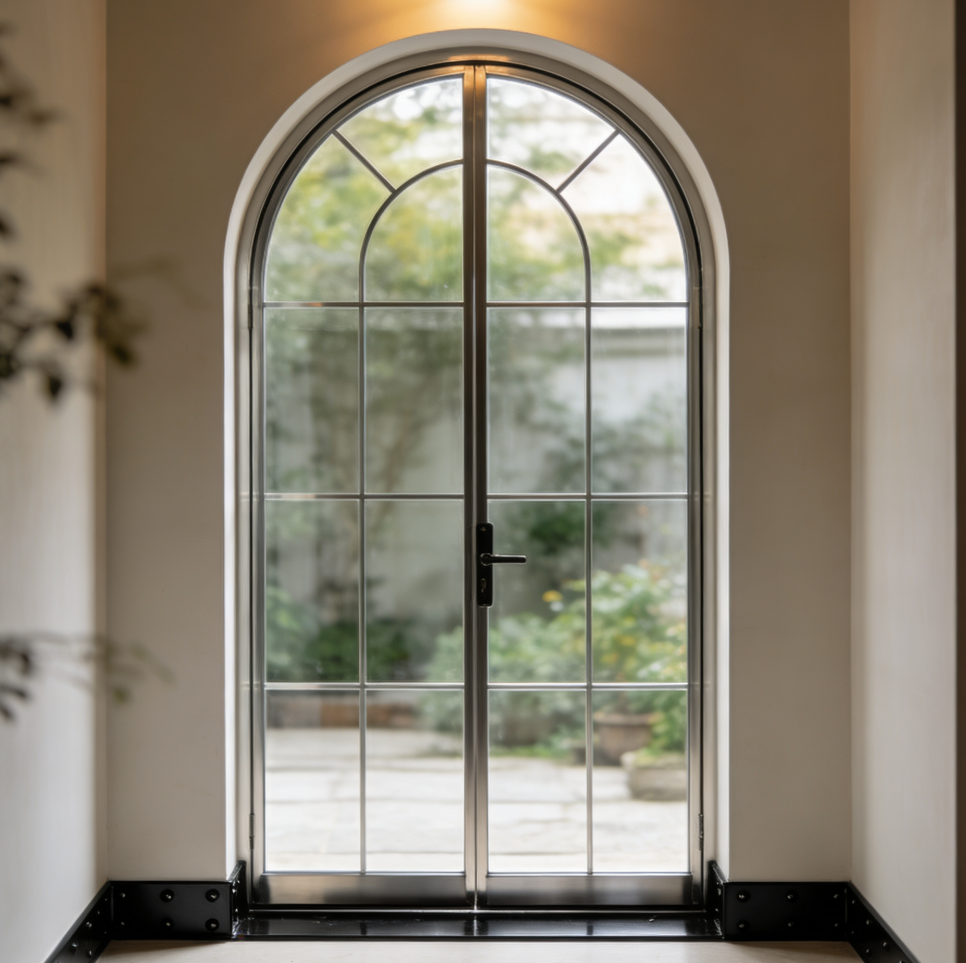 Indoor Arched Top Double Door Designs Half Moon Arch Shaped Aluminum Glass French Doors for Living Room &amp; Bedroom