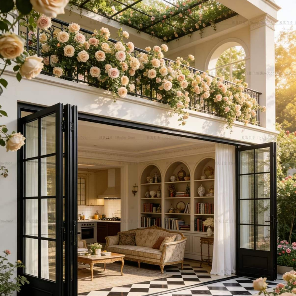 Bifold Patio Doors Luxury Retractable Wide For Garden Triple Glazed White Aluminum Frame For Living Room