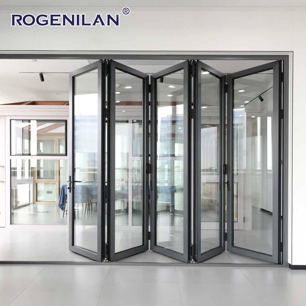 Rogenilan Balcony Windproof Tempered Glass Foldable Folding Door Aluminum Double Glass Accordion Fold Patio Door