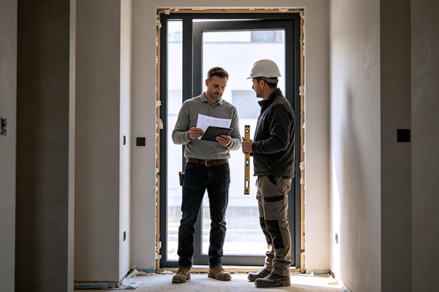 Builder installing entry doors on a residential project