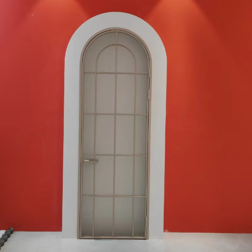 Custom Modern Black Arched Frame Corrugated Frosted Glass Door Fiberglass Waterproof White Aluminum Frame for Bathroom Bedroom