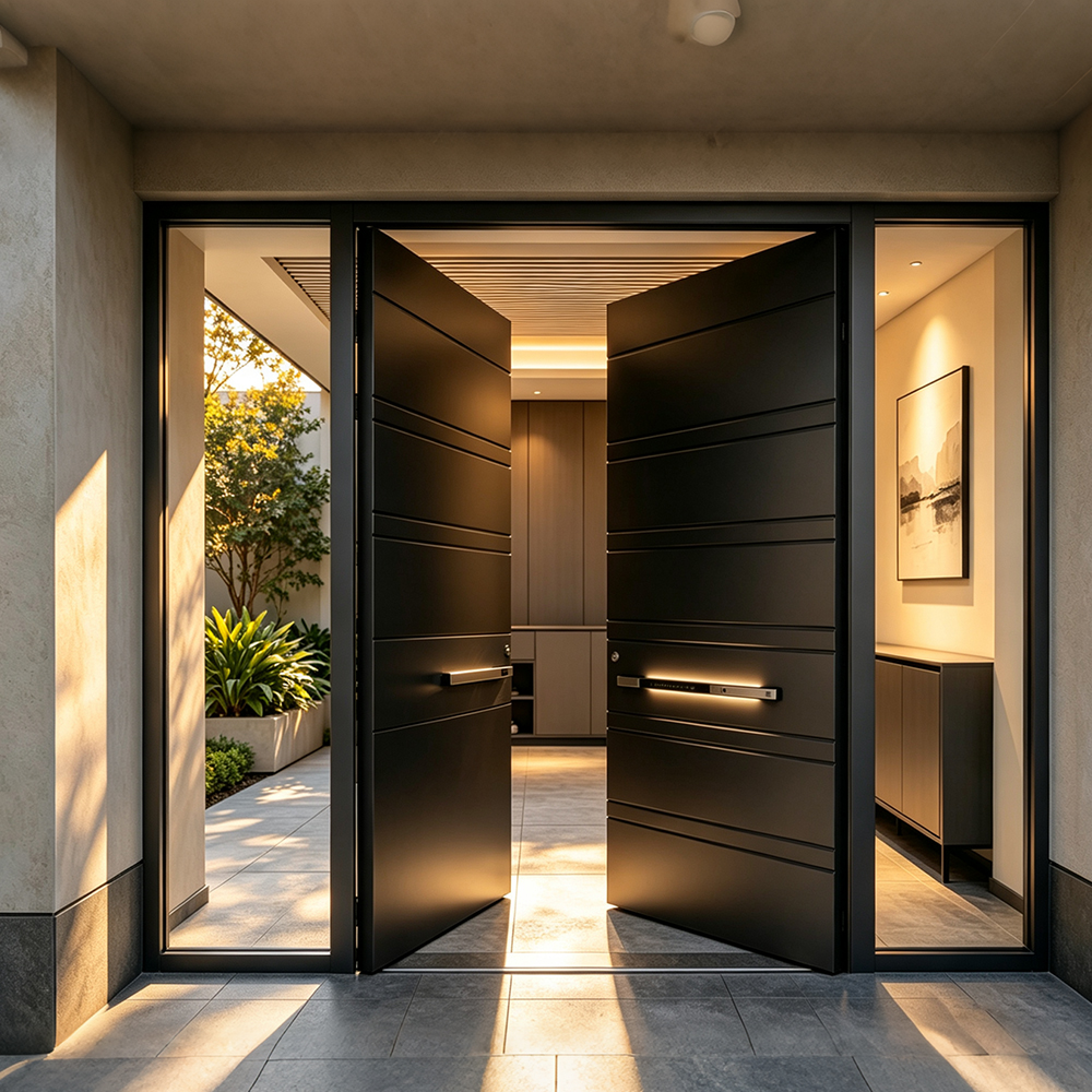 Minimalist aluminum entry door engineered for high-end luxury villa