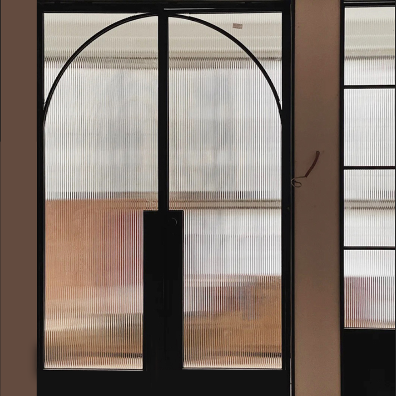 Alucasa for Houses Arch Shaped Casement Grey Glass Contemporary Interior Front Entry Swing Doors