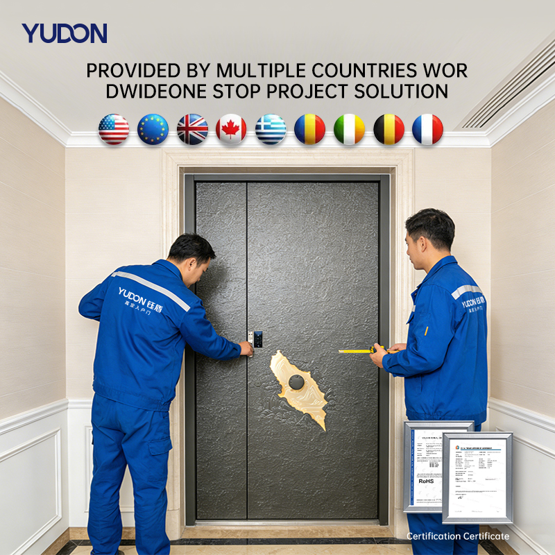 YUDON DOOR Hurricane Proof Pivot Door with Frame Entry Door Wood Grain Finish Aluminum Matte Brown Finish for Estate Entrance