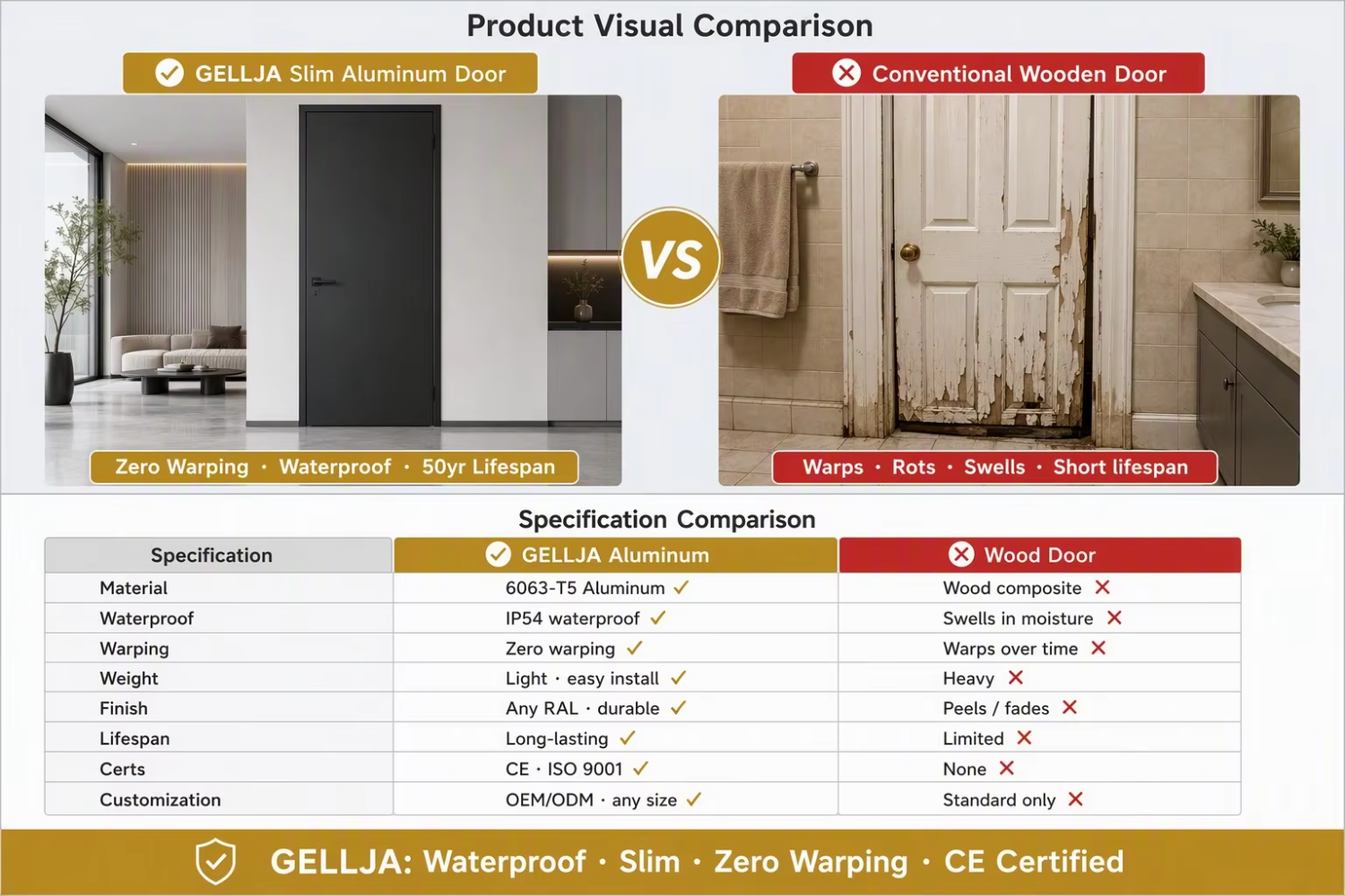 GELLJA New Type of Aluminum-framed Frosted Glass Interior Finished Bathroom Doors for Hotels Villas Offices and Households