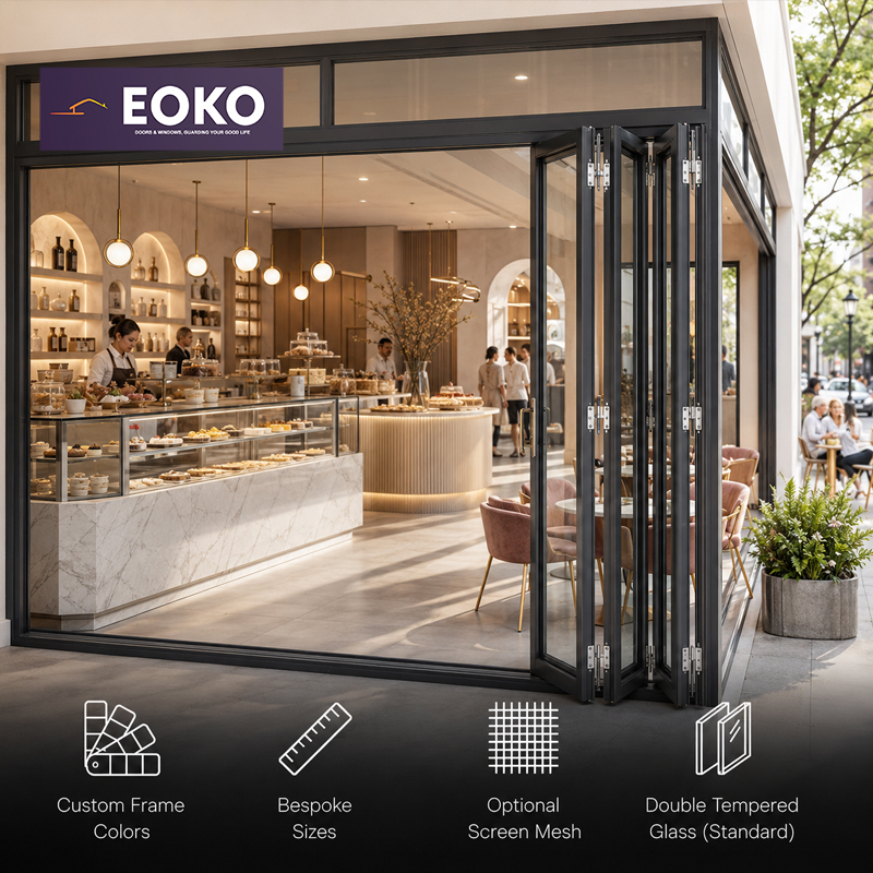 EOKO ASTM E330 Rated Aluminum Bi-Fold Door with Transom Window for Patisserie High Tea Room Cafe Storefront