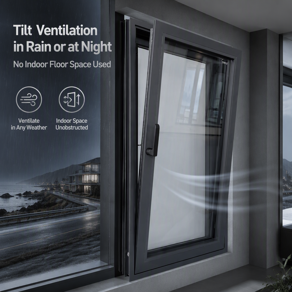 ZCSUNG Black Aluminum Casement Window Slim Narrow Frame Tilt Turn Ventilation Sound Insulated for Villa Apartment Projects