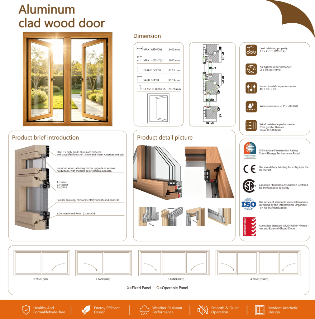 Direct Factory Modern Hinged Aluminum Solid Wood Doors Soundproof Triple Tempered Glass Custom Home Front Casement Door