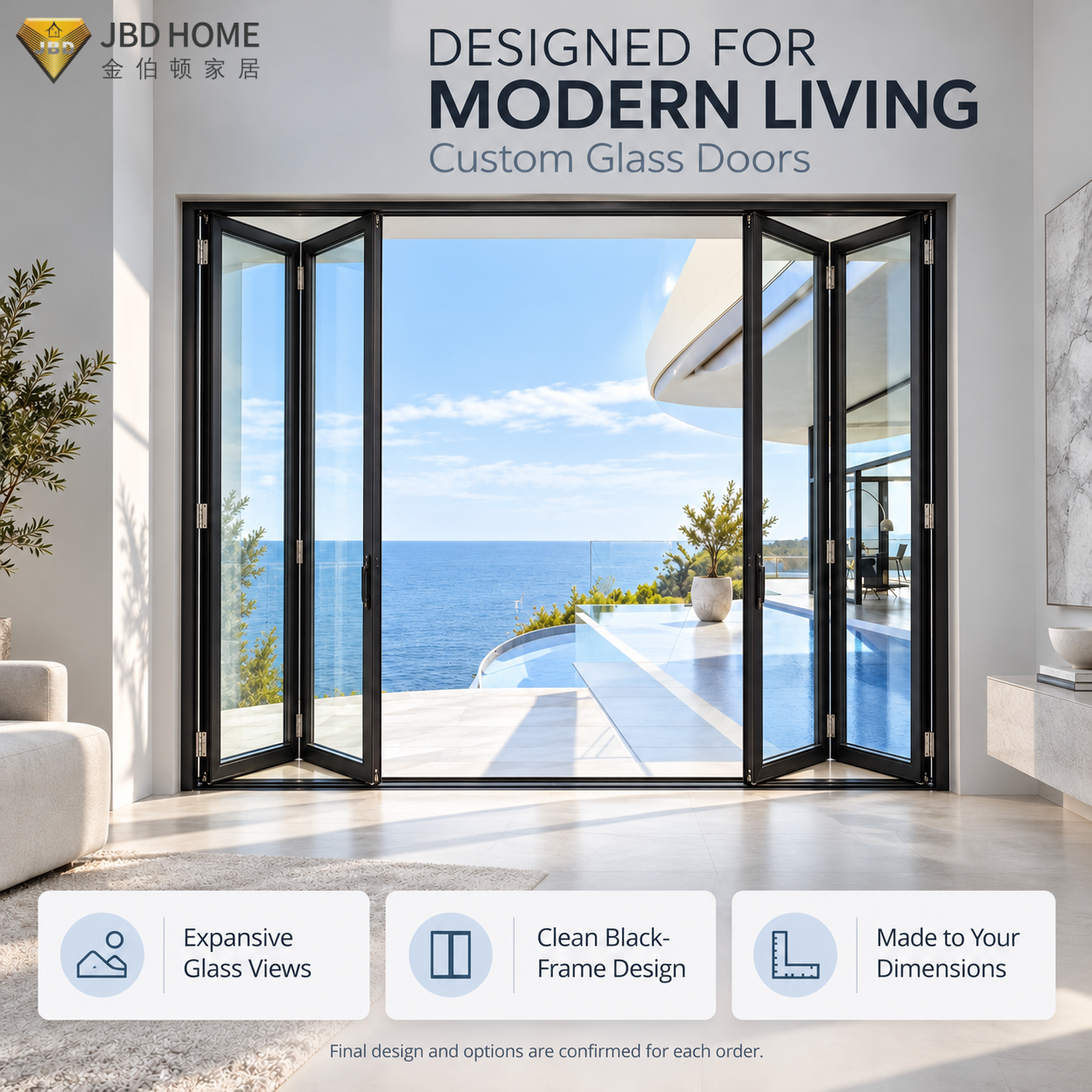 NFRC Certified Aluminum Bifold Door Modern Black Frame Double Glazed Exterior Folding Glass Patio System For Luxury Villas