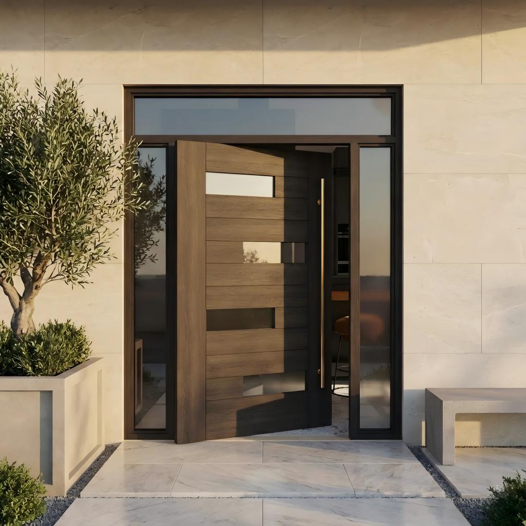 Modern Black Aluminum Pivot Door With Sidelights and Grids Design Large Glass Villa Main Entrance Exterior Front Entry System
