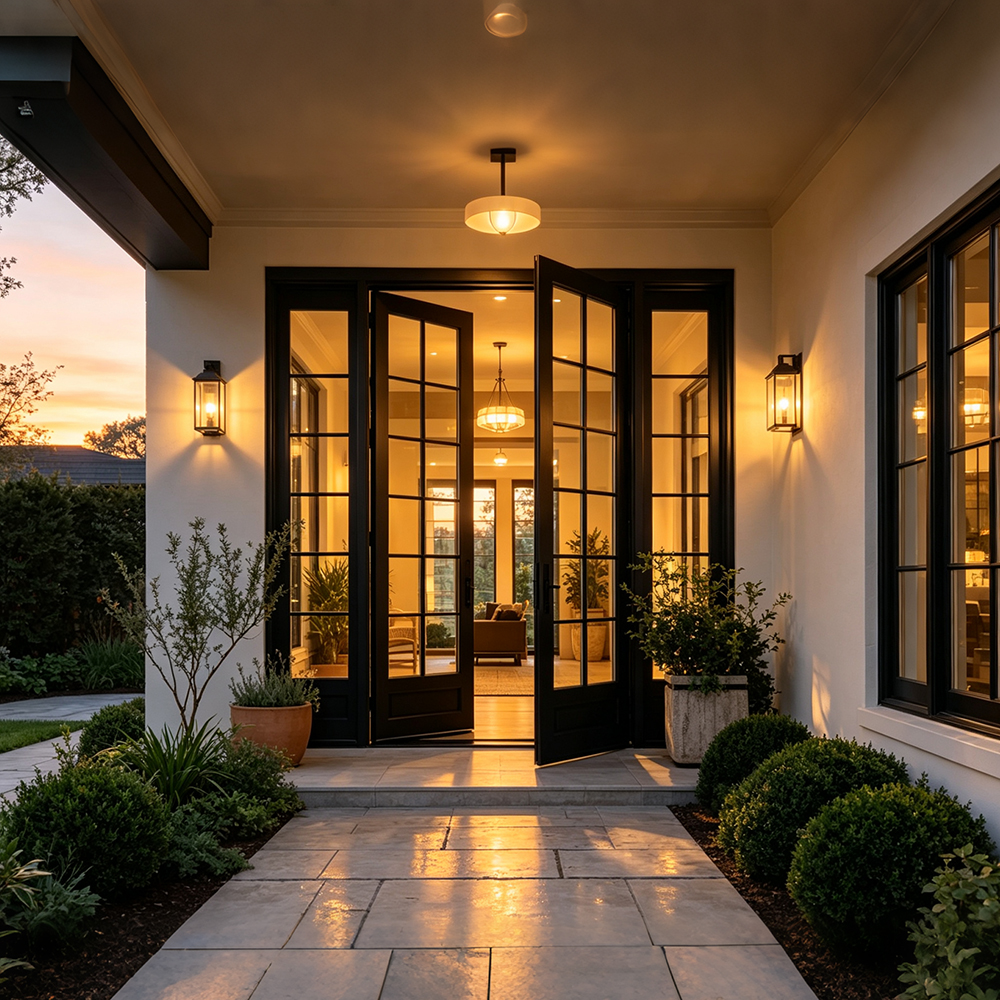 Narrow frame glass entry door for modern private residence renovation