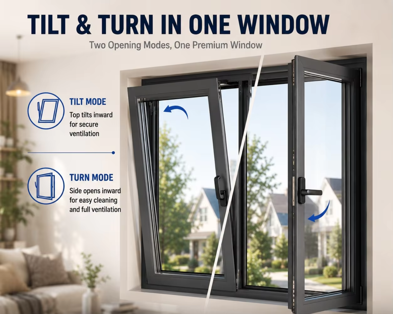 NFRC Tilt and Turn Black Narrow Frame Double Glazed Thermal Break Modern Residential Aluminum Windows House Aluminium Window