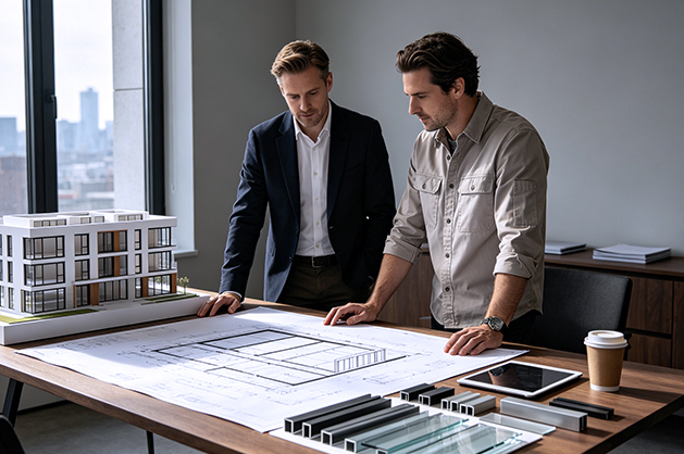 Architect reviewing custom entry door drawings