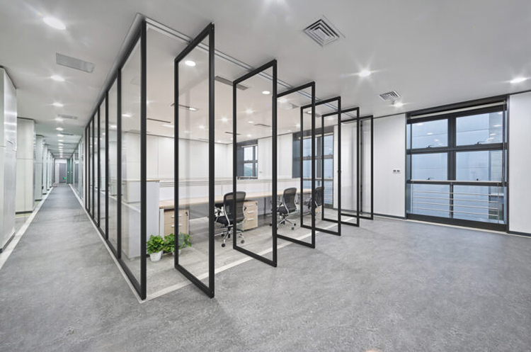 Frosted Glass Office Partitions Meeting Room Space-Saving Office Divider Aluminium Frame Glass Partition Wall With Sliding Door