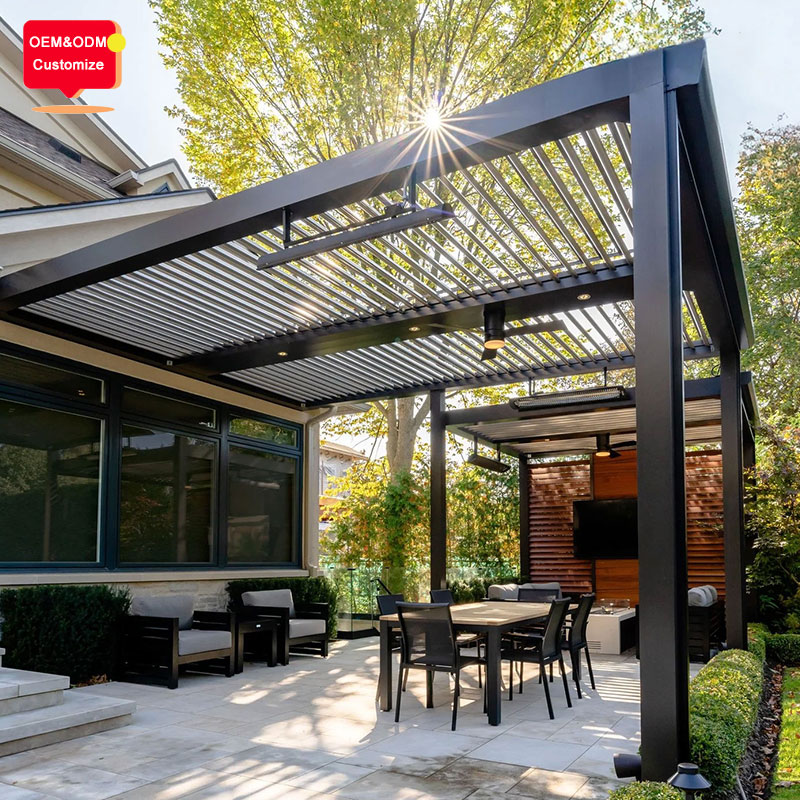 Customized Modern Motorized Roof System Bioclimatic Louvered Aluminum Pergola With Glass Windows For Outdoor Garden Patios