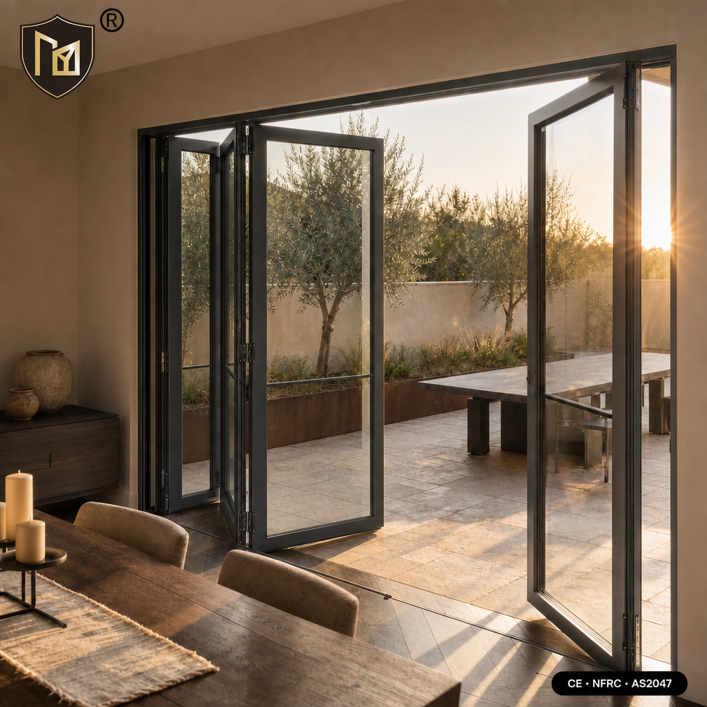 JUNYAO Factory Smooth Glide Roller Track Concertina Fold Aluminium Accordion Doors NFRC CE AS2047 Hotel Residential Villa