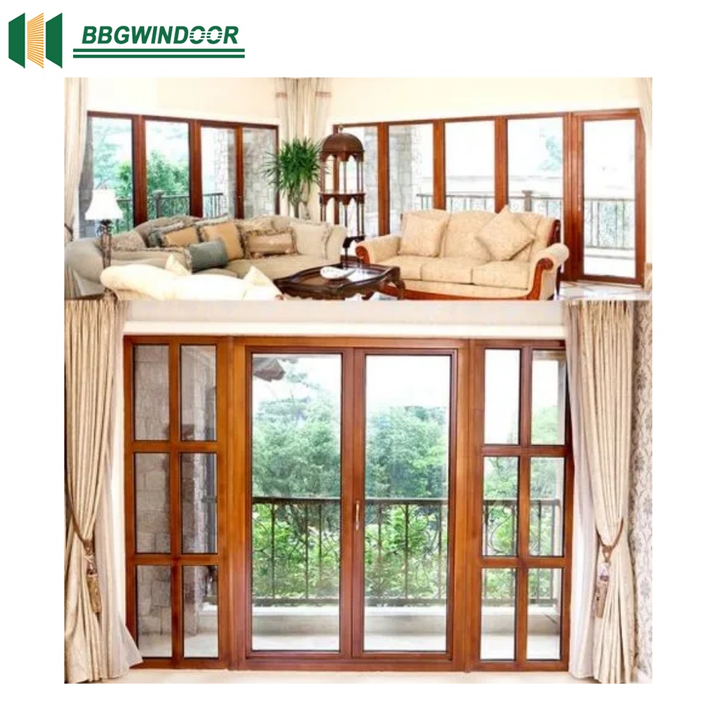 Lukliving Sliding Wooden French Doors Clad Aluminum Double Glaze Low-E Glass Energy-Saving Exterior Glass Doors for Courtyard