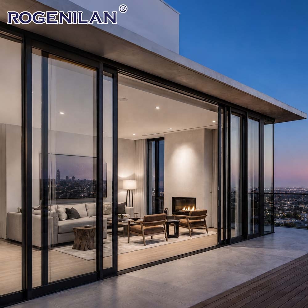 Rogenilan Custom Size Windproof Double Glass Panoramic Sliding Door Outdoor Aluminum Low-E Glazed Slide Patio Door