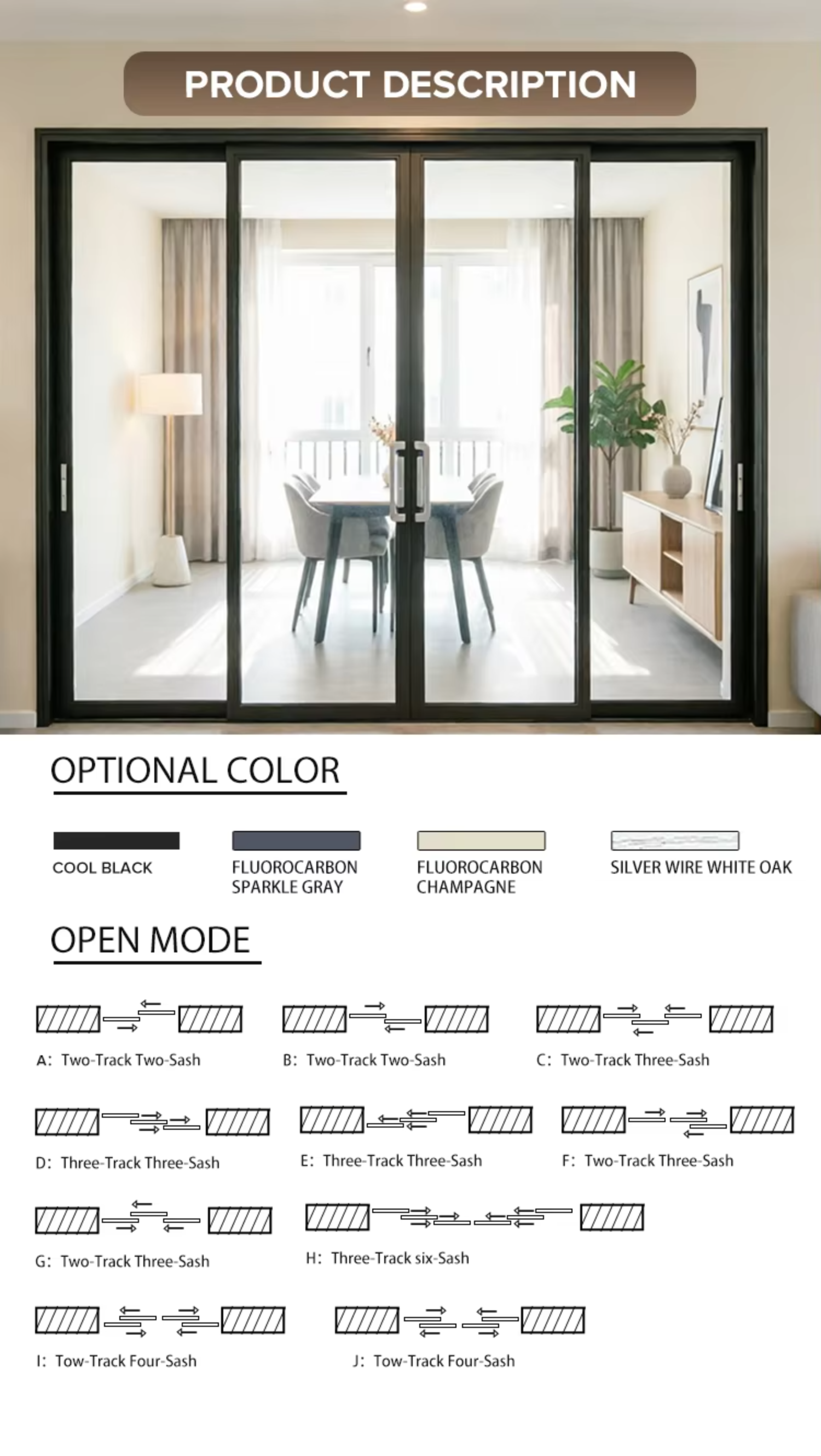 Aluminum Sliding Interior Patio Door Double Glazing Tempered Glass Balcony Door 2/3 Track Custom Size Bedroom Use Wholesale