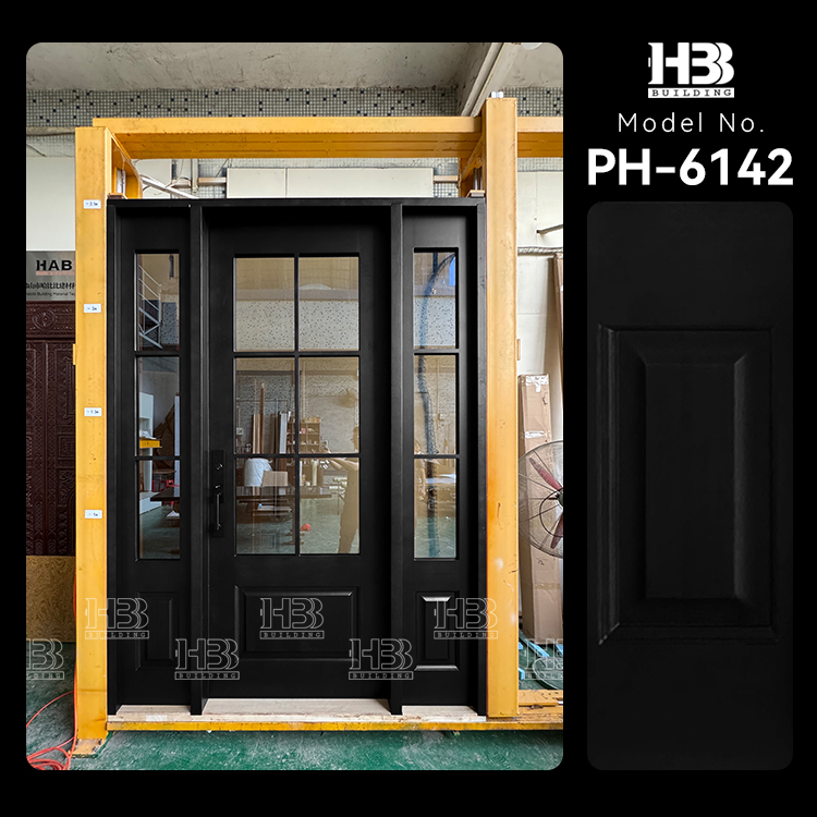Residential Navy Blue Transitional Design Exterior Solid Wooden Front Entry Doors With Double Tempered Glass Sidelight For House