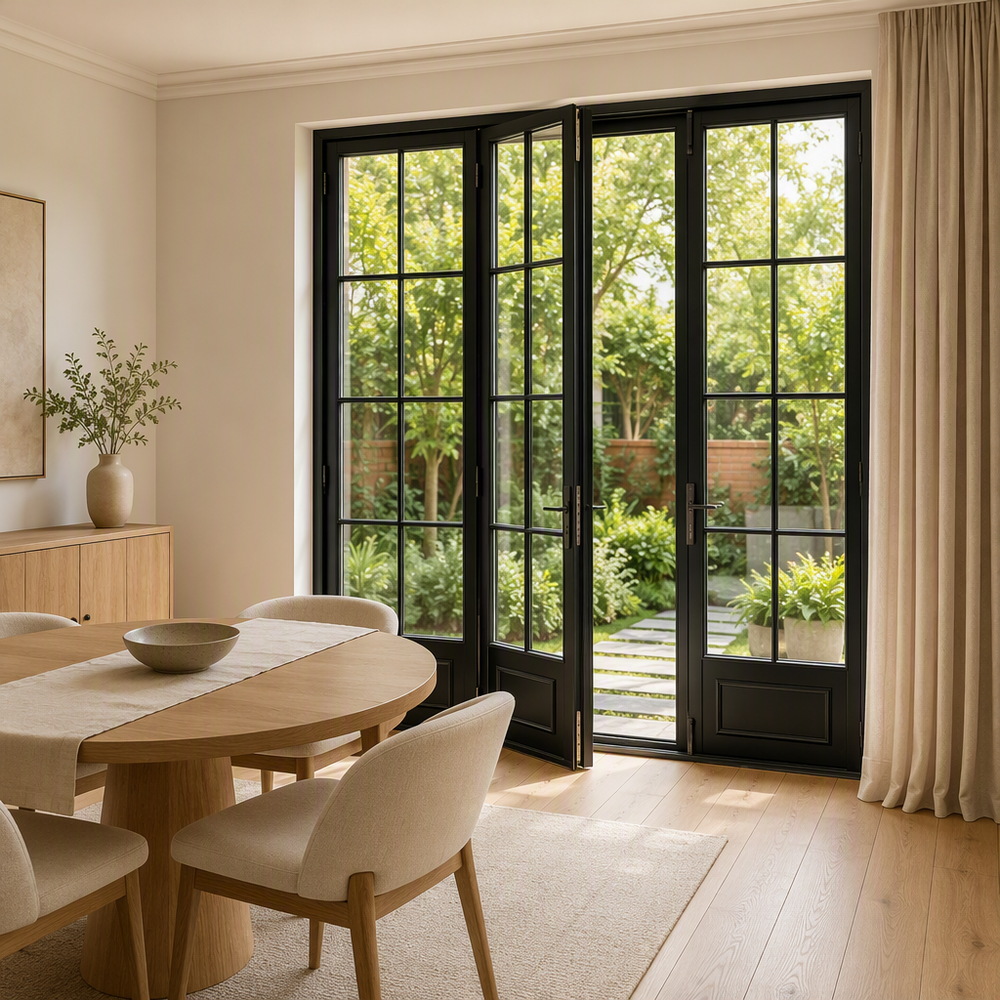 European Style Slim Frame Aluminum Folding Patio Doors With Tempered Glass Soundproof For Interior &amp; Living Room Use