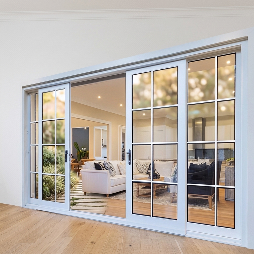 Factory Customized White Aluminum Alloy Glass Door with Grid Strips Contemporary Design for Outdoor Courtyards &amp; Living Rooms