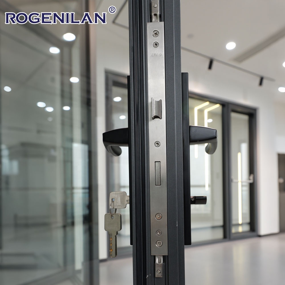 Rogenilan Balcony Windproof Tempered Glass Foldable Folding Door Aluminum Double Glass Accordion Fold Patio Door