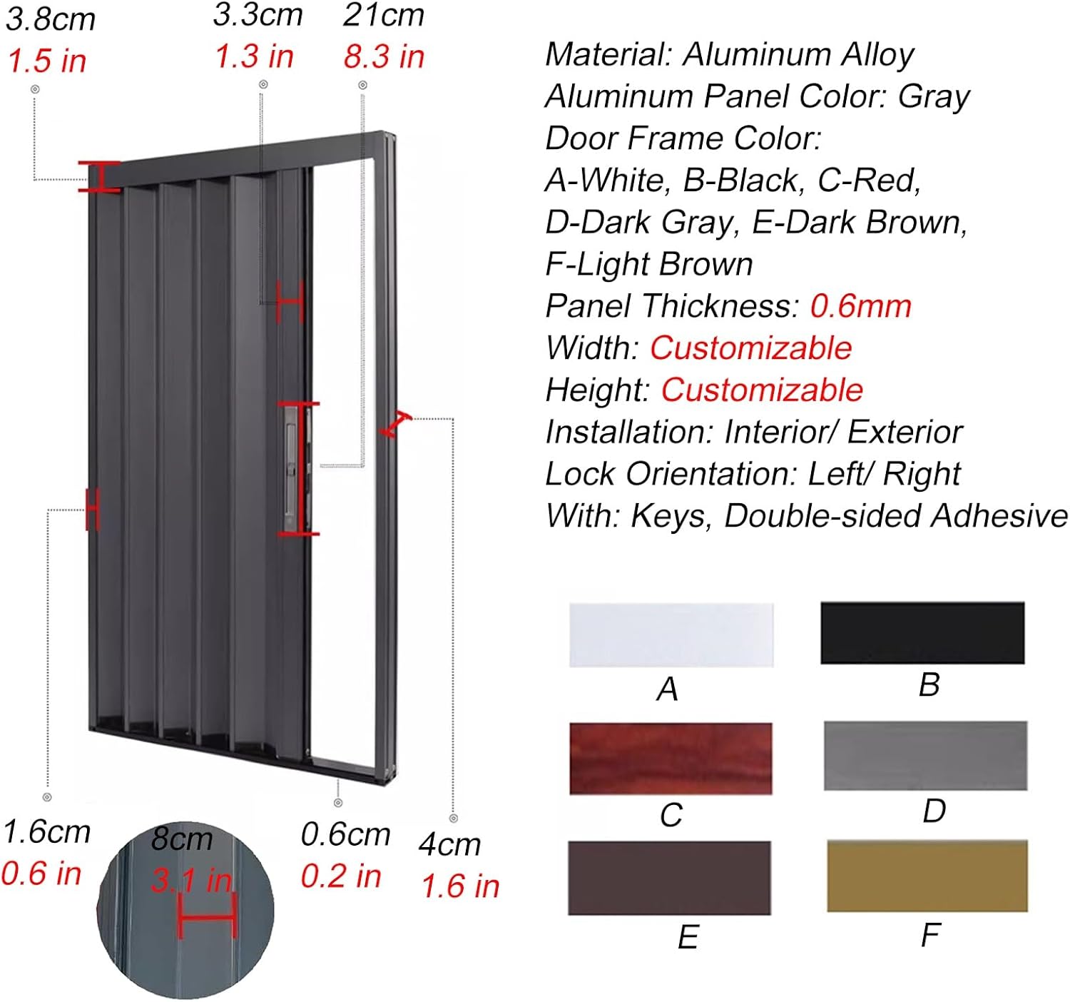 Customizable Modern Aluminum Alloy Bi-fold Accordion Sliding Folding Door 57 1/8 X 80 Lock Key for Bathroom Concertina