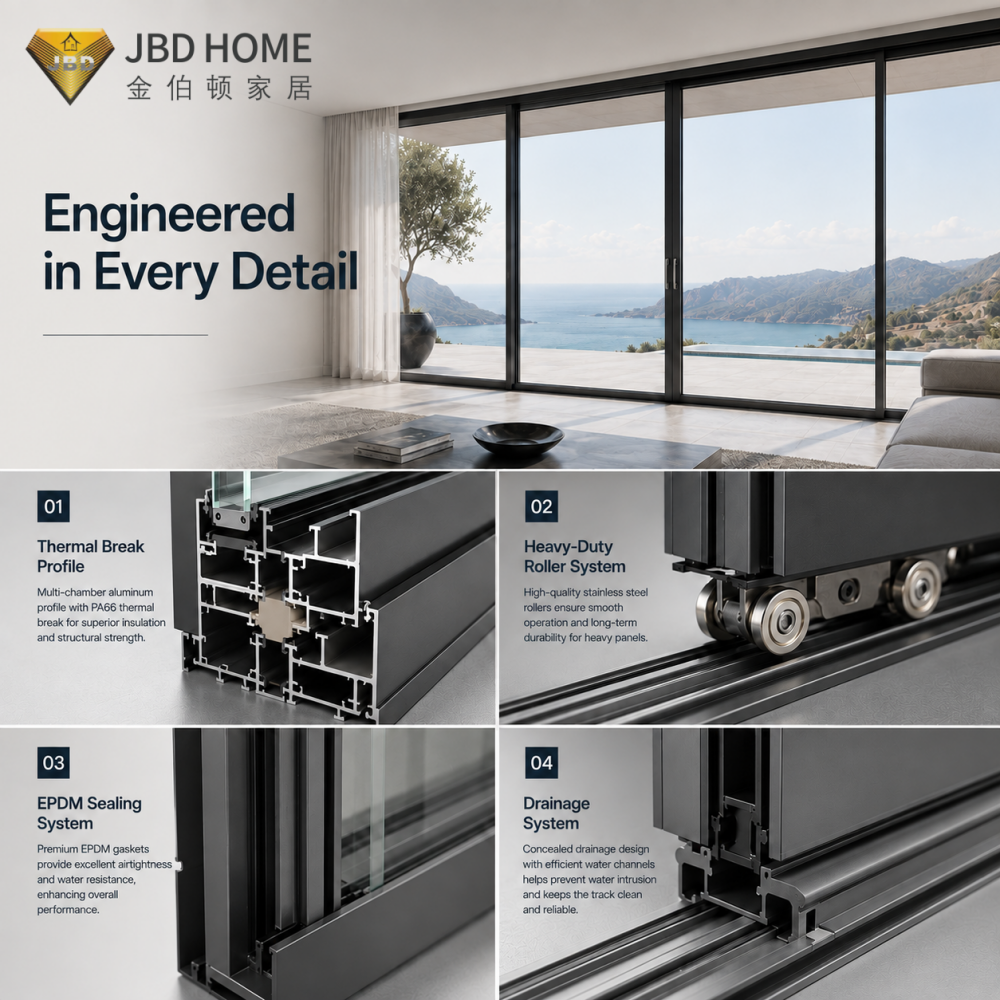 Modern Exterior 4 Panel Aluminum Sliding Glass Door Double Glazed Tempered Patio Entrance For Residential Villa Projects