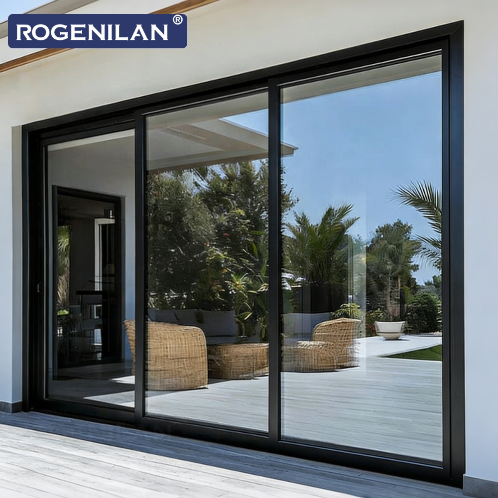 Rogenilan Custom Size Windproof Double Glass Panoramic Sliding Door Outdoor Aluminum Low-E Glazed Slide Patio Door