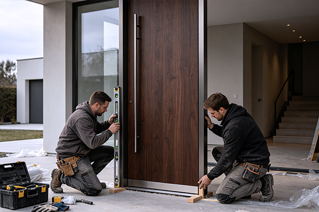 Commercial building with glass entrance doors and curtain wall