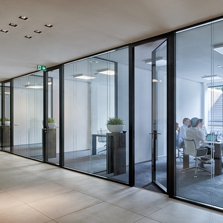 Frosted Glass Office Partitions Meeting Room Space-Saving Office Divider Aluminium Frame Glass Partition Wall With Sliding Door