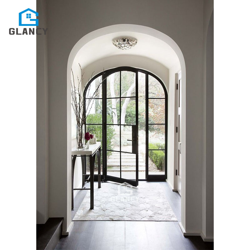French Exterior Entry Main Modern Glass Arch CE Certified Black Power Interior Exterior Insulation Made of Aluminium Doors