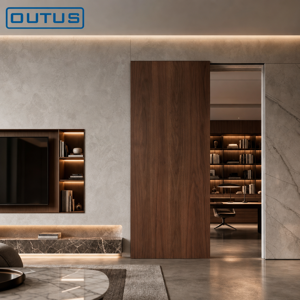 OUTUS Concealed Sliding Door Aluminum Frame Fluted Glass Interior Door for Living Room and Bedroom