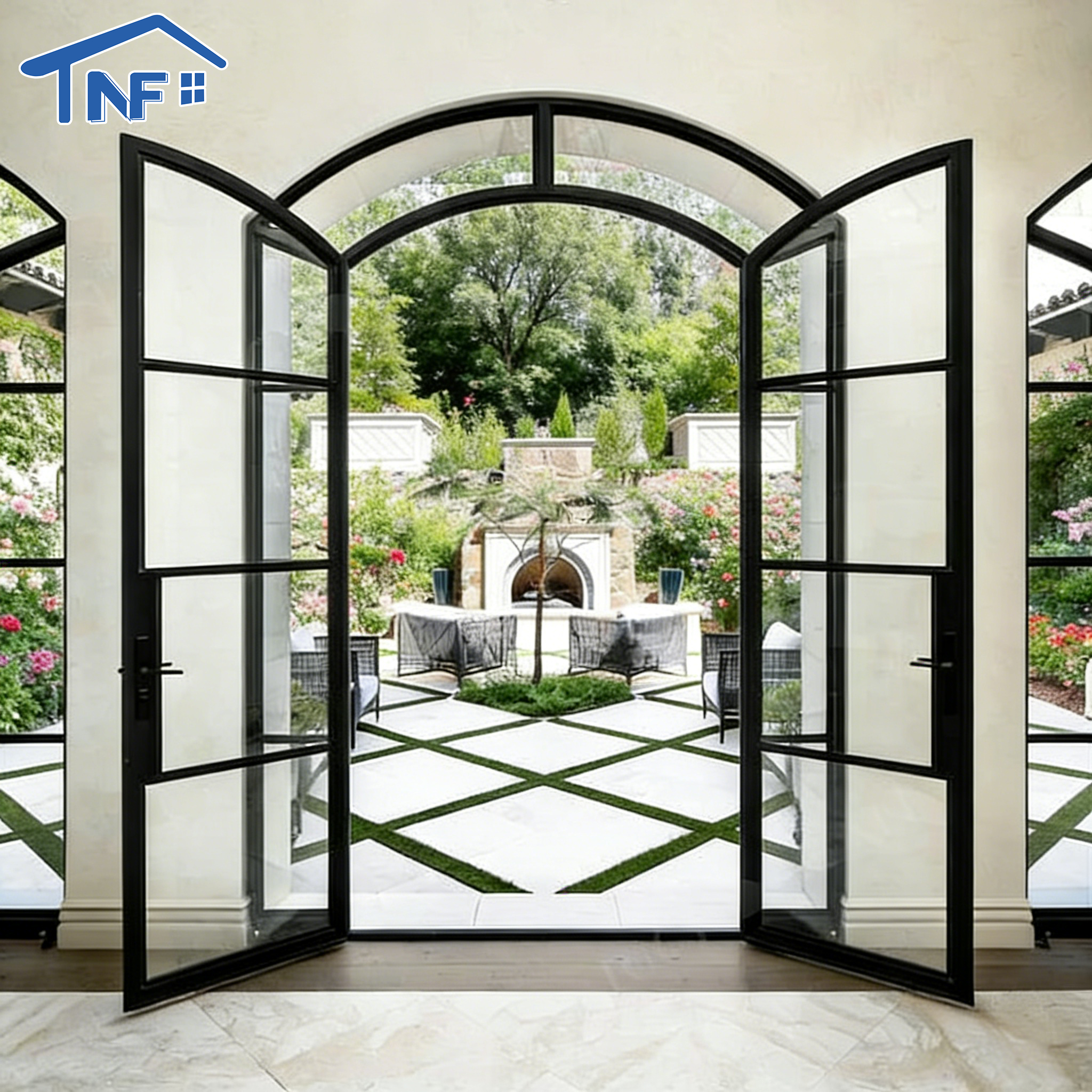 Aluminum Swing Door Double Tempered Glass Exterior Glass Arch Casement French Doors