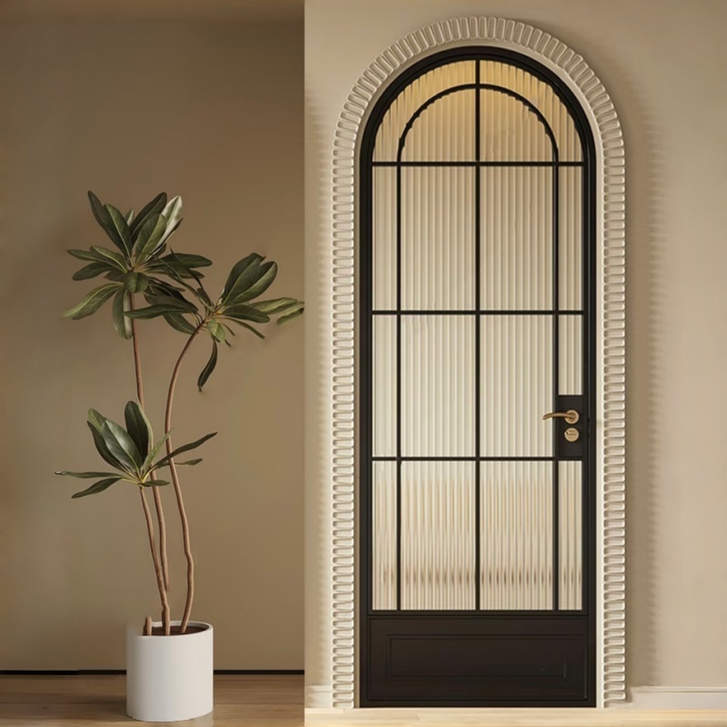 Custom Modern Black Arched Frame Corrugated Frosted Glass Door Fiberglass Waterproof White Aluminum Frame for Bathroom Bedroom