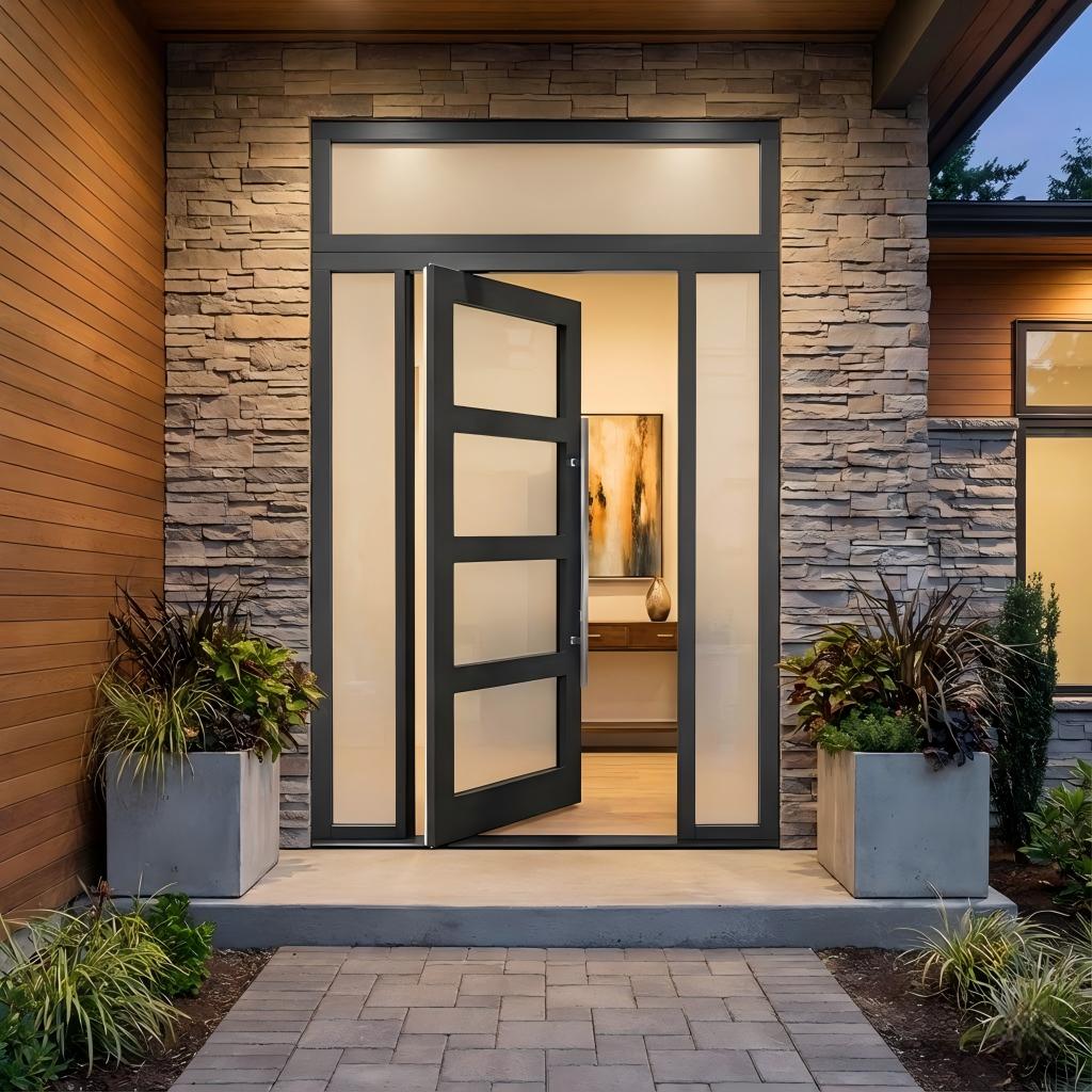 Modern Black Aluminum Pivot Door With Sidelights and Grids Design Large Glass Villa Main Entrance Exterior Front Entry System