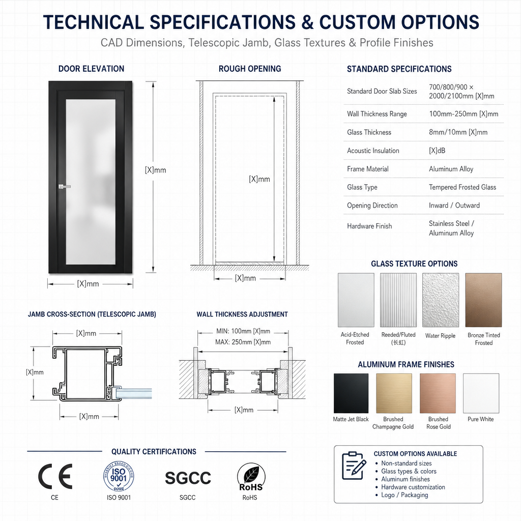 Modern Aluminum Alloy Frosted Glass Interior Waterproof Thermal Insulated Swing Door for Toilet Bathroom