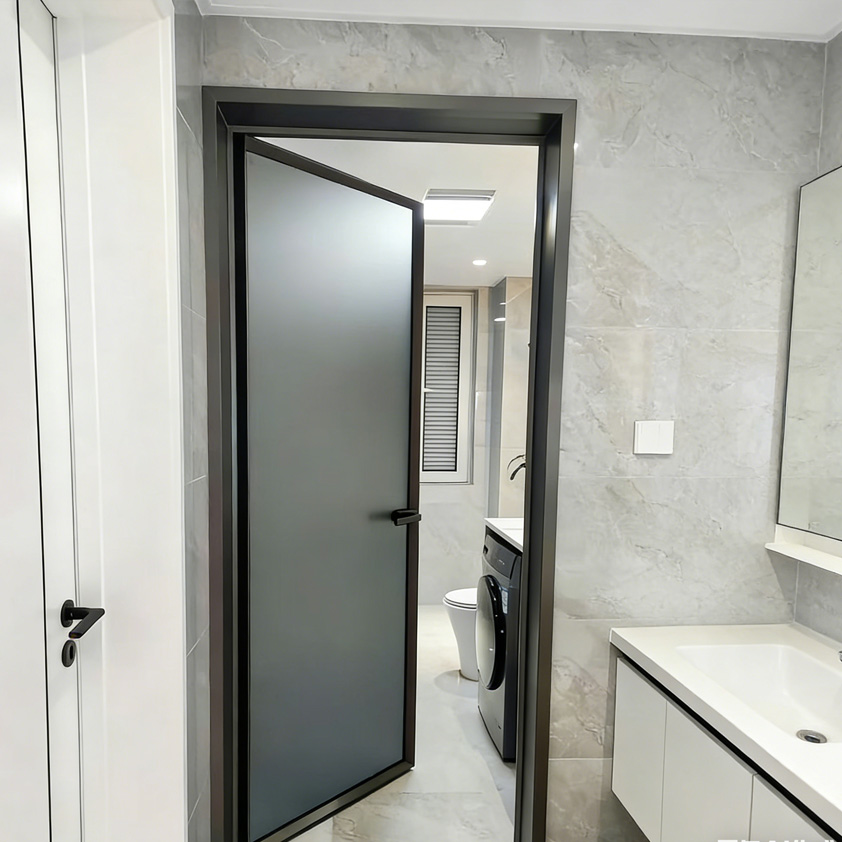 High-End Custom Single Open Retro Glass Door Extremely Narrow Aluminum Alloy Curved Kitchen Bathroom Door for Bedrooms Villas