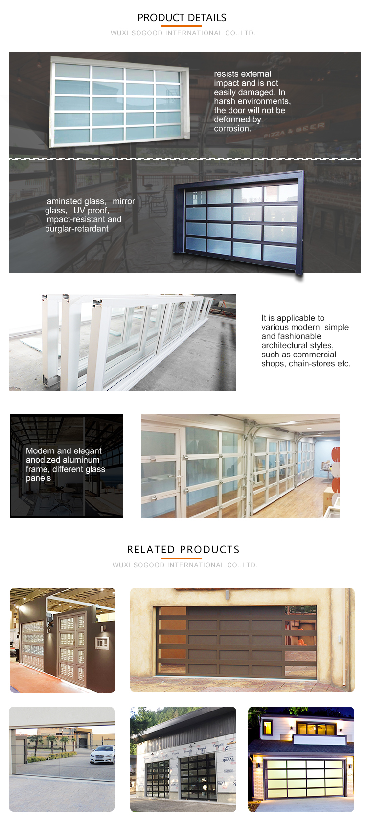 Product Details - 50mm Thickness Aluminum Frame Garage Doors Frameless Glass